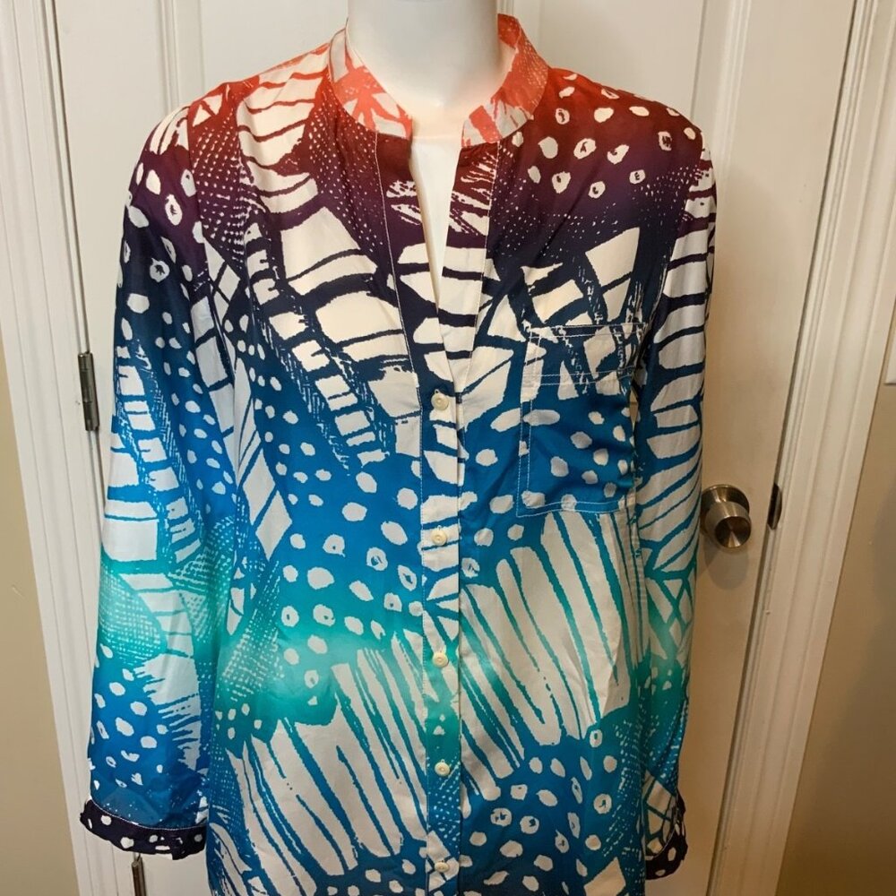 Diane Von Furstenberg Tropical Silk Sheer Button-Up Gilmore Shirt, Size 4